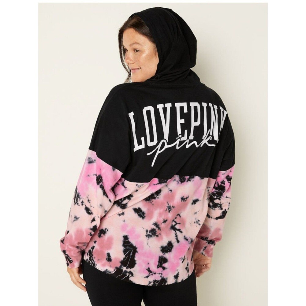 VS PINK VARSITY PULLOVER TEE HOODIE MISTY ROSE TIE DYE